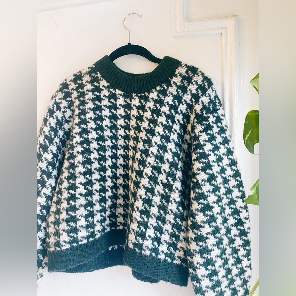 & other stories green and white houndstooth cropped fuzzy warm sweater Xs small - Picture 8 of 11